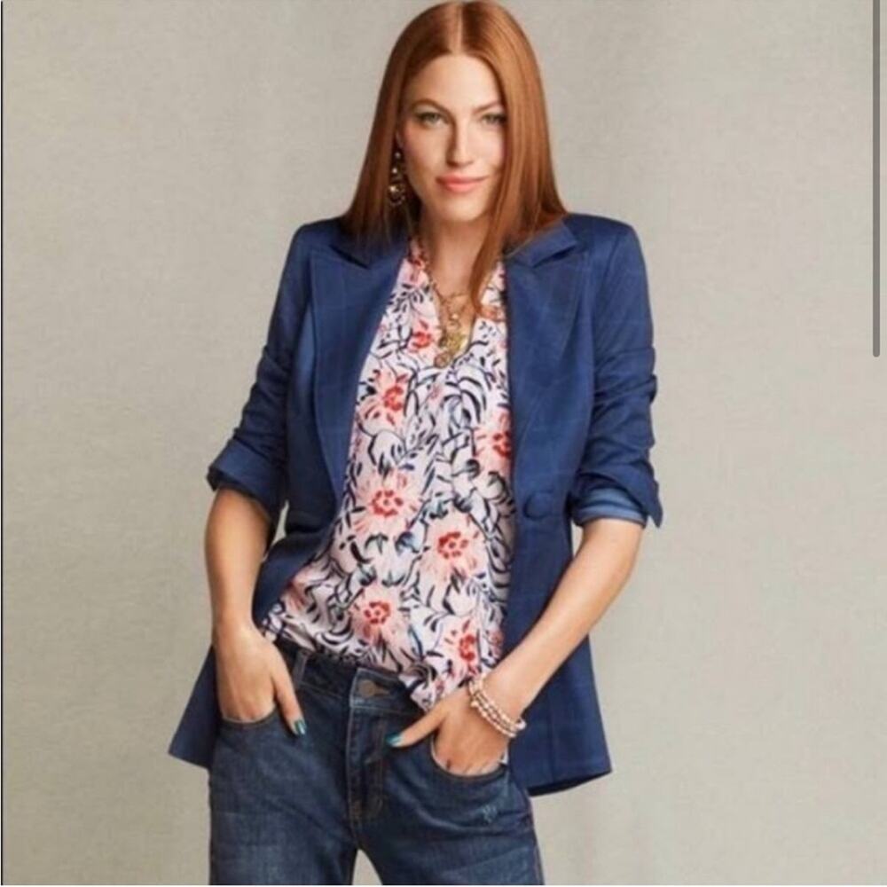 Cabi Sunset Kiss navy blue plaid‎ button front blazer jacket size 6 #5475